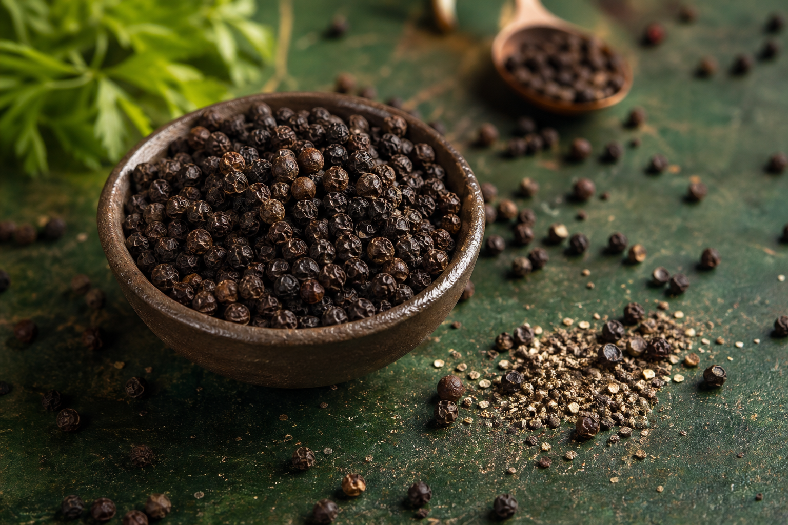 Black peppercorns and ground pepper