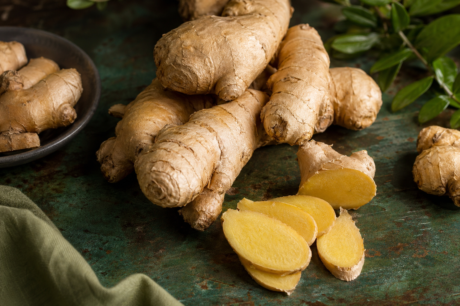 Fresh ginger roots and slices